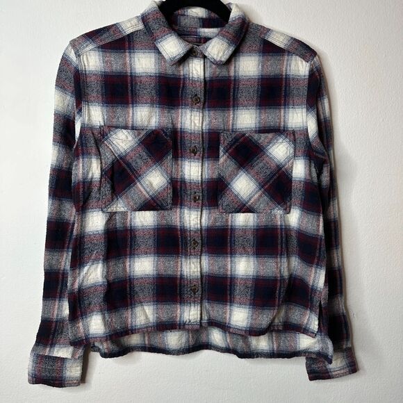 Black Red Blue White Plaid Cropped Long Sleeve Flannel Button Down Shirt M - Picture 11 of 11